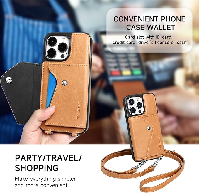 LUCKYCOIN Crossbody Wallet Phone Case for iPhone 15 Pro,100% Genuine Leather Wallet Phone Case with Expandable Flip Card Holder,Phone Purse for Women with Adjustable Removable Strap - Tan