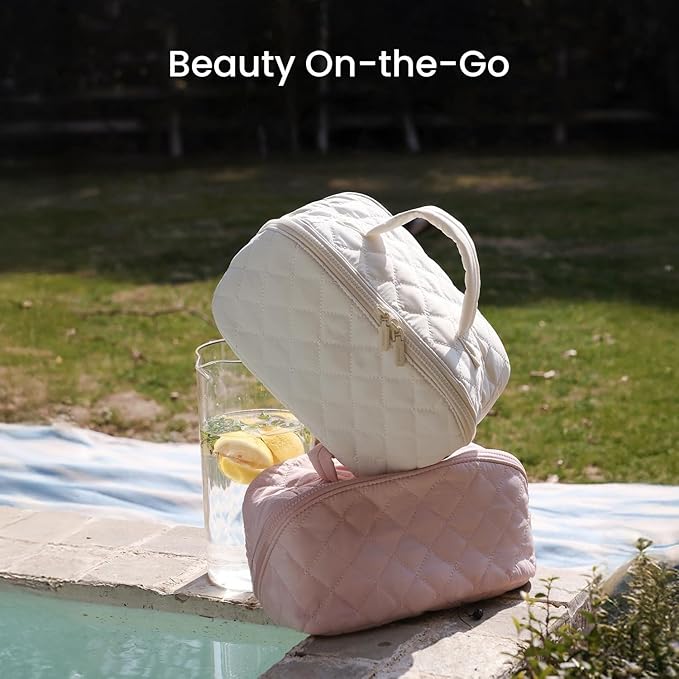 Makeup Bag for Woman, 180° Lay Flat Wide Open Makeup Bags, Large Fold out Washable Cosmetic Case, Quilted Puffy Toiletry Bags for Toiletries (Pink)