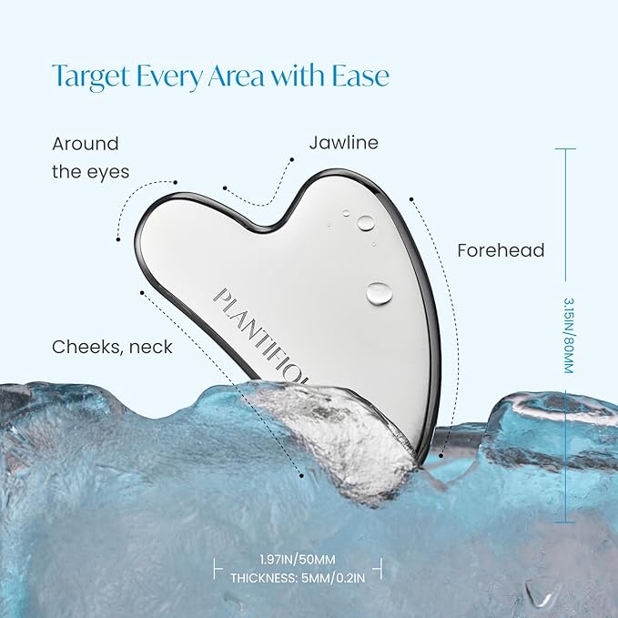 PLANTIFIQUE Stainless Steel Gua Sha | Facial Tool | Skin Massage for Face Body Eyes Neck Heart Style with Travel Pouch | Skin Care Gift