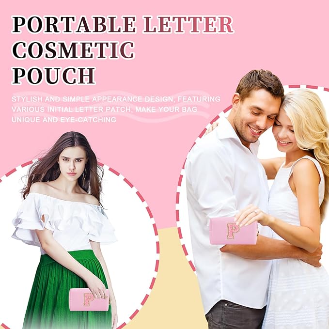 Iqimott Personalized Initial Letter Patch Makeup Bag, Preppy Small Chenille Letter Cosmetic Bag with Zipper, PU Leather Waterproof Travel Toiletry Bag Monogram Make Up Pouch for Women Girls(Letter P)