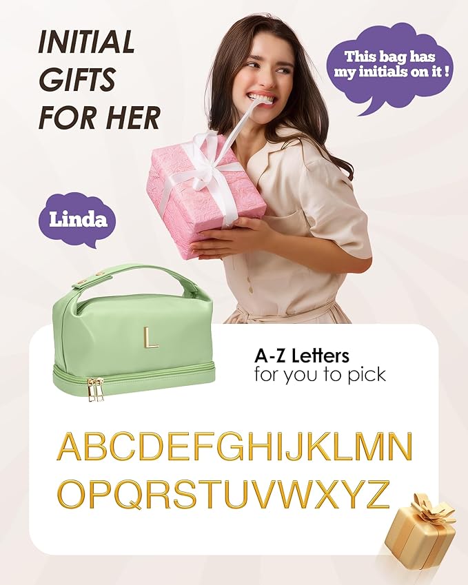 Personalized Gifts for Women Unique, Makeup Bag with Handle, Initial Double Layer Cosmetic Bag with Makeup Brush Organizer, Cute Cosmetic Pouch for Women, Gifts for Friends Female Mom