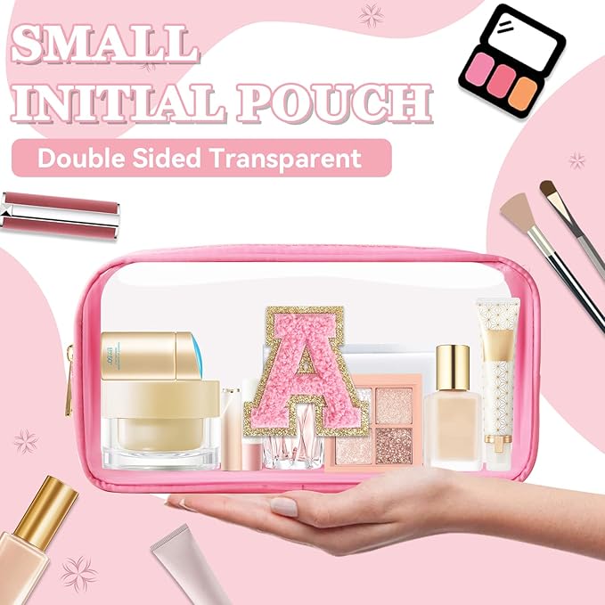 Small Clear Personalized Initial Makeup Bag,Nylon Preppy A-Z Chenille Letter Patch Cosmetic Pouch Beach Toiletry Bag,Waterproof Zipper Travel Purse Storage Bag Organizer for Women Girls(Pink-Pink A)