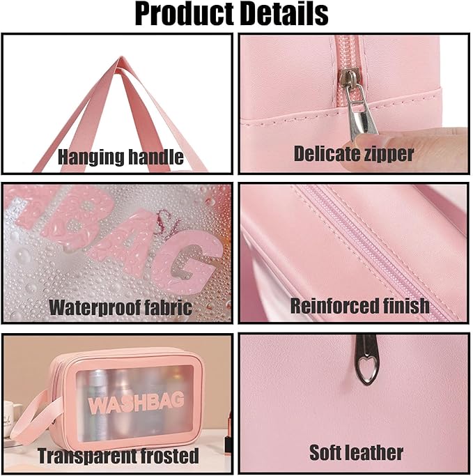 Clear Travel Bags for Toiletries,3 Pack Toiletry Bag,Matte Translucent Toiletry Bag,Makeup Bag With Handy Handle,Travel Pouch,Makeup Cosmetic Organizer for Travel Essentials(Pink)