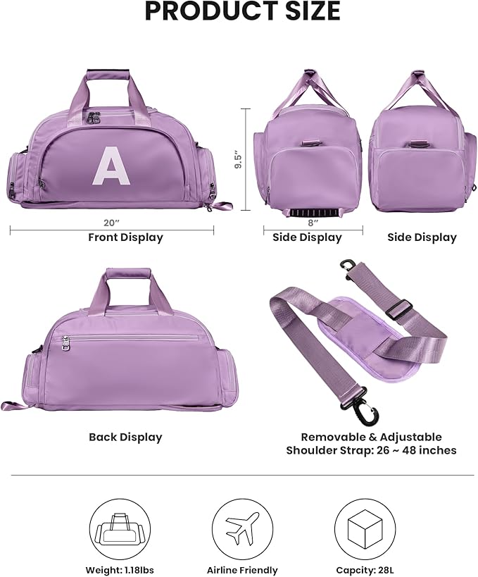 Birthday Gifts for 12 13 14 15 16 17 18 Year Old Girl, Initial Gym Bags with Shoe Compartment, Dance Bag for Girls, Monogram Kid Overnight Bags, Preppy Stuff (Letter K)
