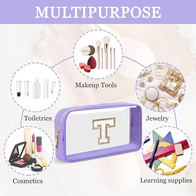 Small Clear Personalized Initial Makeup Bag,Preppy Nylon A-Z Chenille Letter Patch Makeup Organizer TSA Approved Travel Toiletry Bag,Waterproof Zip Beach Cosmetic Pouch Purse for Women(Purple-White T)
