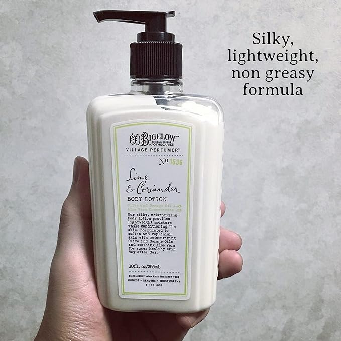 C.O. Bigelow Lime Coriander Body Lotion, Village Perfumer Moisturizing Body Lotion with Aloe Vera, Borage Oil & Olive Oil, 10 Fl Oz