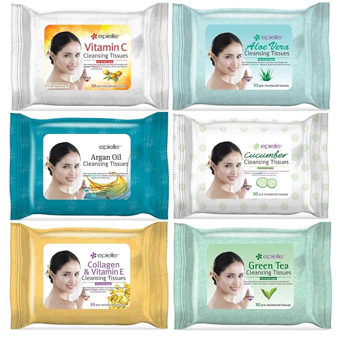 Epielle Makeup Remover Wipes, Remove Waterproof Mascara, Gentle Daily Facial Cleanser Towelettes with Vitamin C, Aloe Vera & Collagen, Stocking Stuffers, Thanksgiving Essentials, 30 Count (Pack of 6)