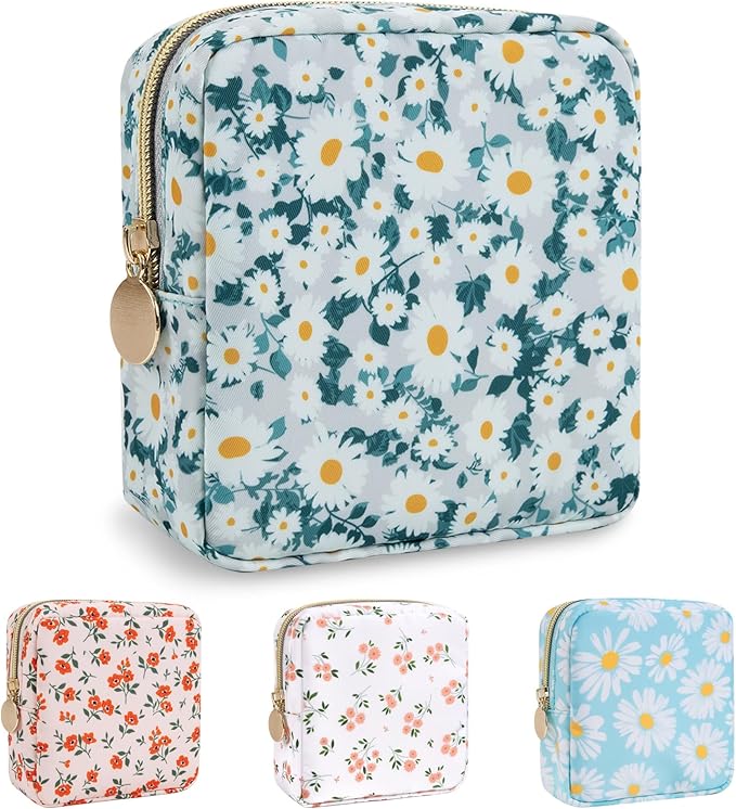Nylon Mini Floral Makeup Bag for Purse, Small Cute Travel Makeup Bag Preppy Flower Cosmetic Zipper Pouch, Waterproof Coin Pouch Sanitary Napkin Storage Bag Make Up Organizer Set for Women(Green-Daisy)