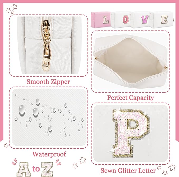 Personalized Initial Makeup Bag, Small Preppy Glitter Letter Cosmetic Pouch PU Waterproof Zipper Travel Toiletry Bag, Unique Letter Patch Makeup Organizer Gift for Women Teen Girls