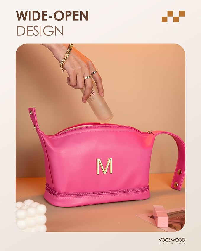 Gifts for College Girls, Personalized Makeup Bag with Handle, Initial Double Layer Cosmetic Bag with Makeup Brush Organizer, Cute Cosmetic Pouch for Women, Gifts for Friends Mom