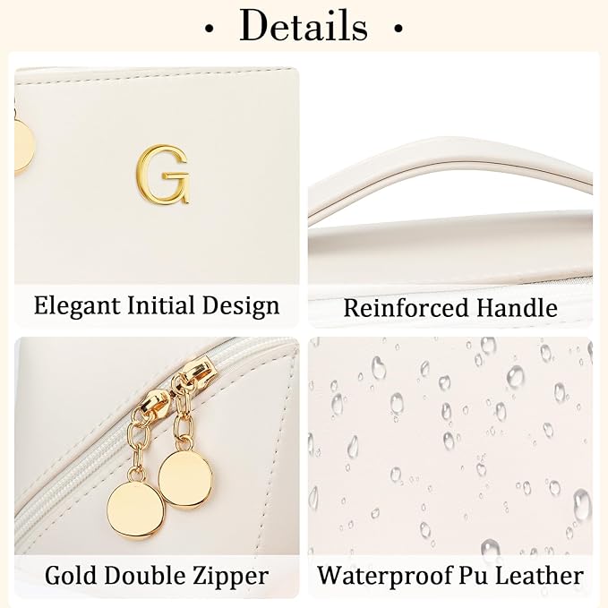 Birthday Gifts for Women Teen Girl, Personalized Initial Makeup Organizer Bag Set, Open Flat Travel Cosmetic Bag With Clear Divider and Handle(Beige,G)