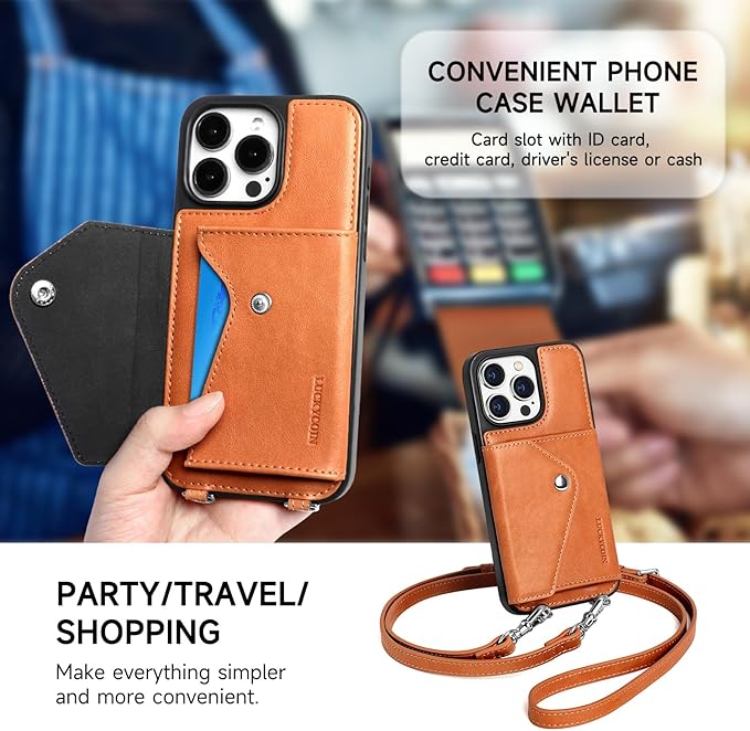 LUCKYCOIN Crossbody Wallet Phone Case for iPhone 15 Pro Max,100% Genuine Leather Wallet Phone Case with Expandable Flip Card Holder,Phone Purse for Women with Adjustable Removable Strap - Brown