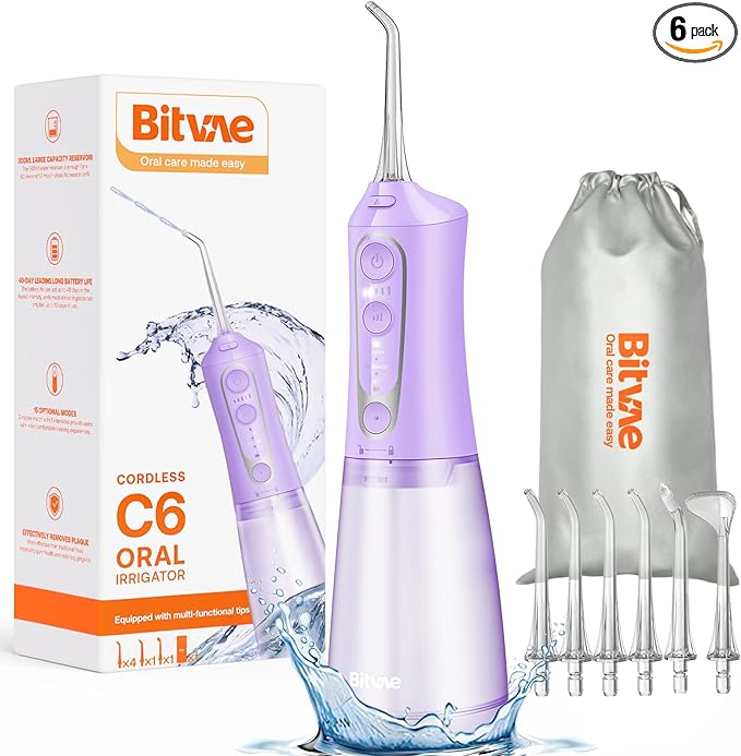 Bitvae Water Dental Flosser Teeth Pick, Cordless Flosser for Travel with 6 Jet Tips, 3 Modes 5 intensities, IPX7 Waterproof Portable & Rechargeable Oral Irrigator Cleaner, Purple