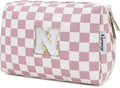 Narwey Birthday Gifts for Teen Girls Kids Women Personalized Initial Checkered Makeup Bag Pink Monogram Cosmetic Bag Trendy Stuff 6 8 10 11 12 13 14 16 18 Years Old Travel Toiletry Bag (Dusty Rose N)
