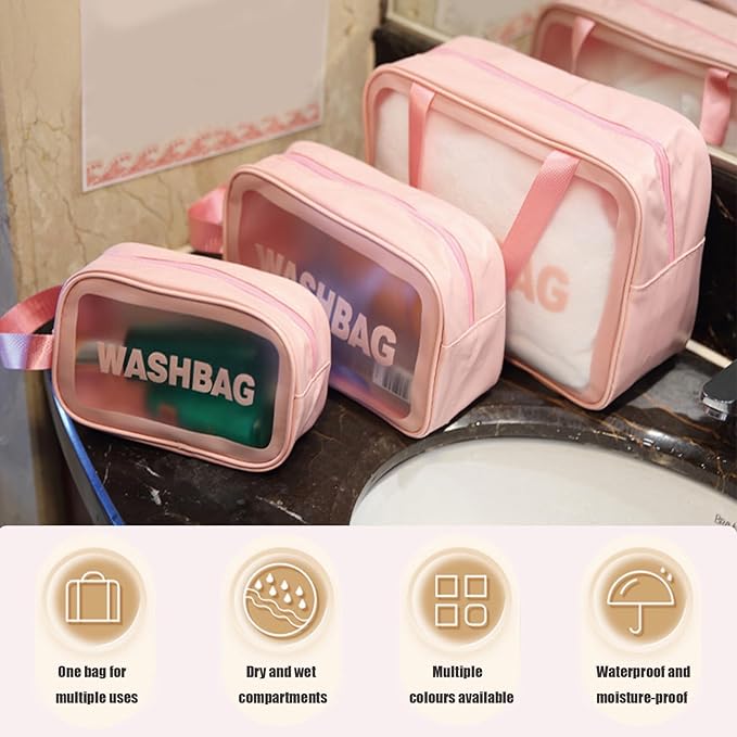 Clear Travel Bags for Toiletries,3 Pack Toiletry Bag,Matte Translucent Toiletry Bag,Makeup Bag With Handy Handle,Travel Pouch,Makeup Cosmetic Organizer for Travel Essentials(White)