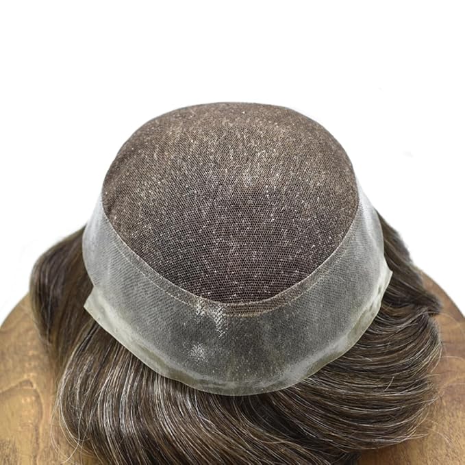 FACE MIRACLE Toupee for Men French Lace Hairpieces Human Hair Replacement System Skin PU around Mens Toupee Hair Piece for Man V-Looped Front 8"X10" #220 2# DARKEST BROWN WITH 20% SYNTHETIC GREY