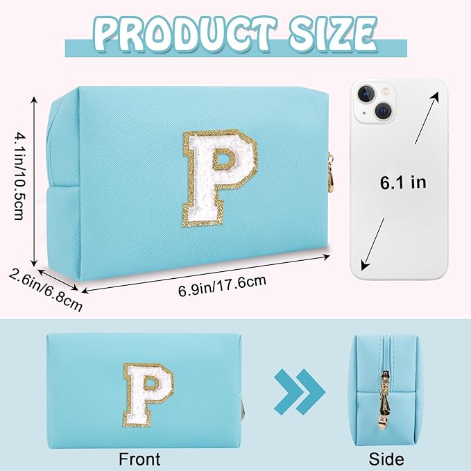 Personalized Initial Preppy Makeup Bag Organizer, Small Blue Cosmetic Bag Monogram Travel Toiletry Zipper Pouch for Purse, Portable Waterproof PU Make Up Case Party Gift for Women Friends(Letter P)