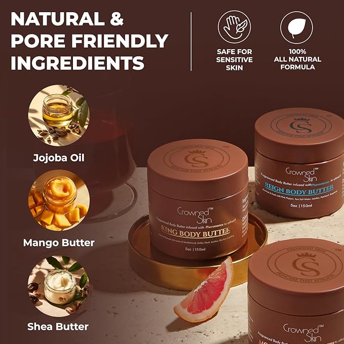 Crowned Skin King Cologned Body Butter | Warm and Sensual Scent | Blended with Sandalwood & Leather | Infused with Organic Shea & Mango Butters | Moisturizing Formula with All-Day Fragrance | 5oz