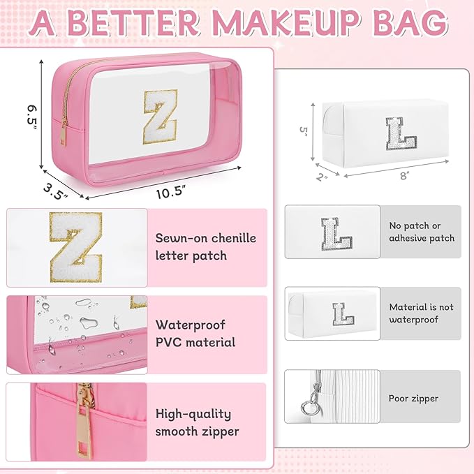Personalized Initial Clear Makeup Bag, Travel Chenille Patch Cosmetic Bag, Preppy Toiletry Bag Monogram Cosmetic Pouch with Zipper, Ideal Gift for Teen Girls Women (Clear-Pink, Z)