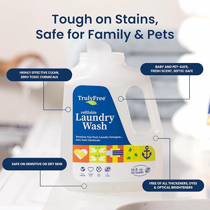 Truly Free Natural Laundry Detergent for Sensitive Skin | Eco Friendly, Plant Based, Baby Clothes Safe | Clean & Easy Powder to Liquid, 1 Pack Detergent + 1 Refillable Jug | Signature Scent, 50 Loads