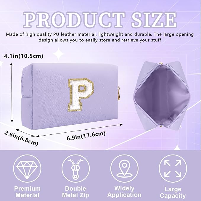 Personalized Initial Letter Patch Makeup Bag, Preppy Small Chenille Cosmetic Bag with Zipper, PU Leather Waterproof Travel Toiletry Bag Monogram Make Up Pouch for Women Girls