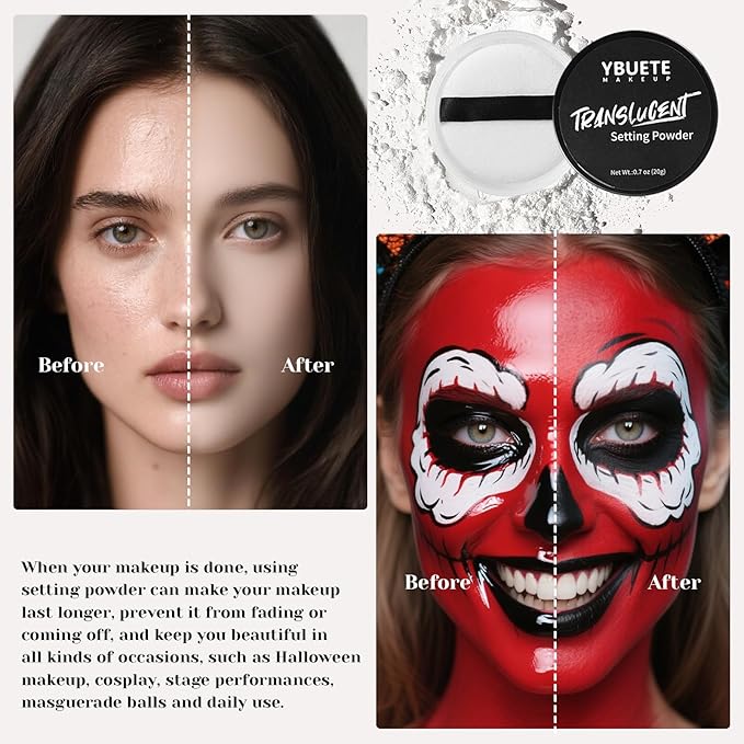 Black White Grey Face Body Paint Stick Set with Translucent Setting Powder and 3 Sponges, Professional Full Coverage Face Painting for Adults Halloween Cosplay SFX Skeleton Monster Makeup