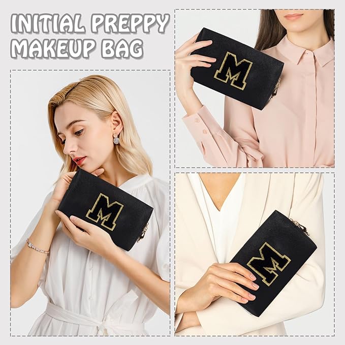 Small Travel Initial Preppy Makeup Bag, Personalized Black Cute Cosmetic Zipper Pouch Chenille Letter Travel Toiltery Bag, Waterproof PU Leather Makeup Case Storage Gift for Mom Women Female(Letter M)
