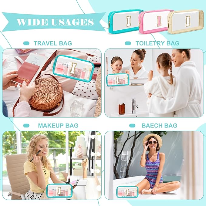 Personalized Initial Letter Clear Makeup Bag,Preppy Small Nylon&PVC Cosmetic Zipper Bag with Chenille Letter,Portable Beach Travel Skincare Toiletry Bag,Trendy Monogram Gift for Teen Girls Women,I