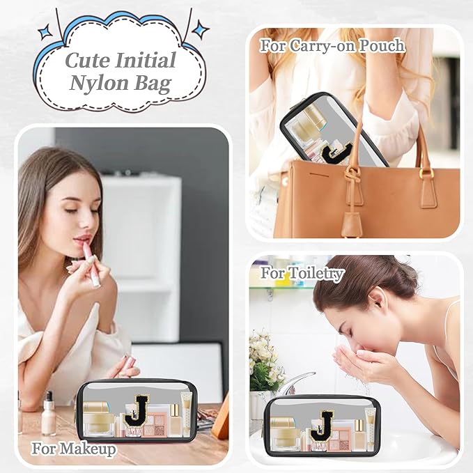 Small Clear Personalized Initial Makeup Bag,Nylon Preppy A-Z Chenille Letter Patch Cosmetic Pouch Beach Toiletry Bag,Waterproof Zipper Travel Purse Storage Bag Organizer for Women Girls(Black-Black J)