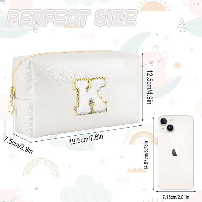 Gifts for Girls Initial Makeup Bag Personalized Cosmetic Bag with Zipper Cute Travel Toiletry Bags Waterproof PU Preppy Makeup Pouch Birthday Gift for Teen Girls Women(White K)