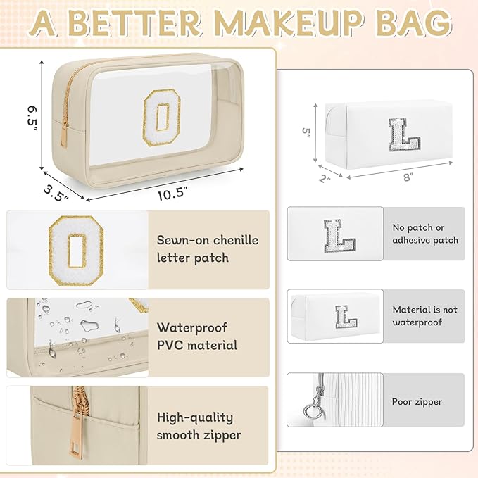 Personalized Initial Clear Makeup Bag, Travel Chenille Patch Cosmetic Bag, Preppy Toiletry Bag Monogram Cosmetic Pouch with Zipper, Ideal Gift for Teen Girls Women (Clear-Beige, O)