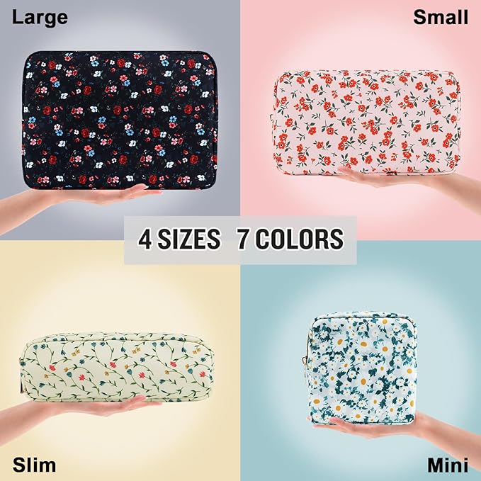 Nylon Large Floral Makeup Organizer Bag, Preppy Big Cute Flower Cosmetic Zipper Pouch Multi-compartment with Dividers, Waterproof Toiletry Makeup Brushes Travel Essentials for Women(Navy Blue-Flower)