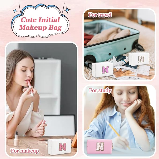 Personalized Initial Letter Makeup Bag, Small Glitter Letter Patch Cosmetic Pouch Zipper, Preppy Makeup Organizer PU Waterproof Travel Toiletry Bag,Monogrammed Birthday Gift for Women Girls(Letter N)