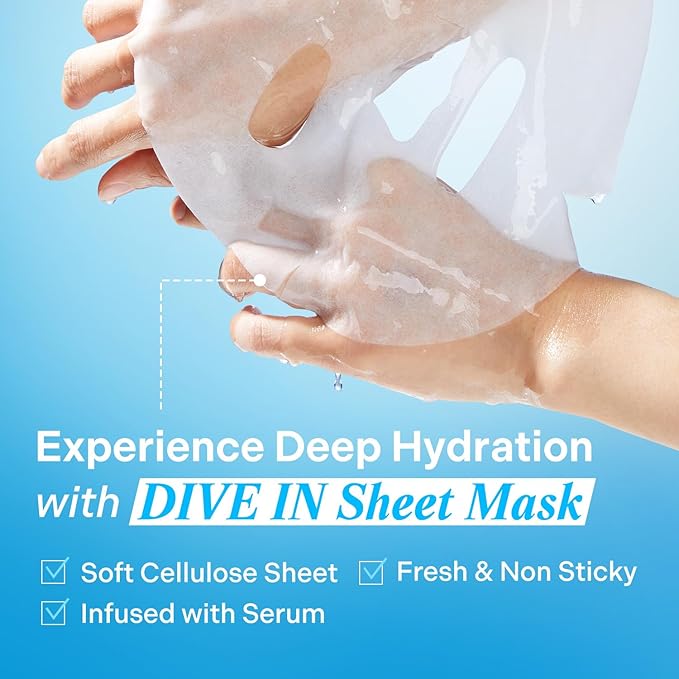 Torriden DIVE IN Hyaluronic Acid Facial Mask (10 sheets) | Extra Moisturizing Care | Hyaluronic Acid, Panthenol, Allantoin | Korean Face Mask