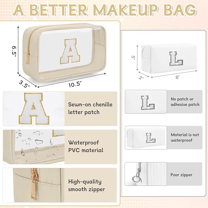 Personalized Initial Clear Makeup Bag, Travel Chenille Patch Cosmetic Bag, Preppy Toiletry Bag Monogram Cosmetic Pouch with Zipper, Ideal Gift for Teen Girls Women (Clear-Beige, A)