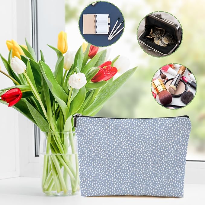 Vintage Polka Dots Blue Makeup Bag Cosmetic Bag Friend Friendship Gifts for Women Girls Sister Coworker Auntie Botanical Travel Organizer Zipper Pouch Christmas Thanksgiving Birthday Gifts