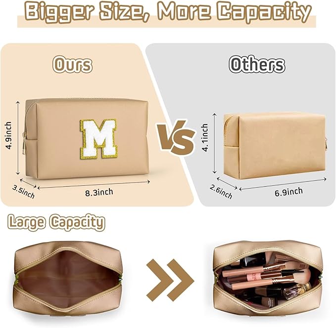 TOPEAST Preppy Patch Makeup Bag, Chenille Letter Pouch Cosmetic Bag, PU Leather Waterproof Toiletry Bag, Personalized Birthday Gift for Women Girl, Cute Stuff for Girls (Khaki B)