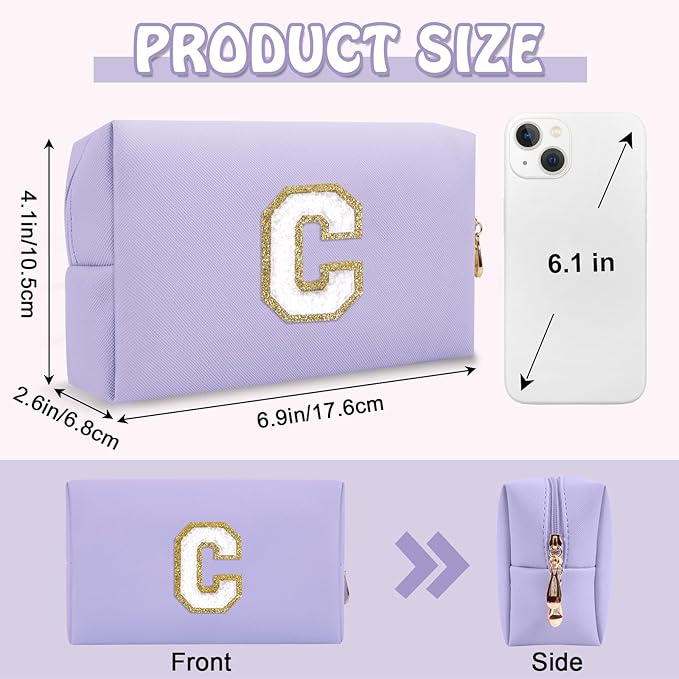 Personalized Initial Preppy Makeup Bag, Small Purple Cute Travel Toiletry Zipper Pouch Monogram Cosmetic Organizer,PU Waterproof Glitter Makeup Storage Case Gifts for Female Coworker Friends(Letter C)