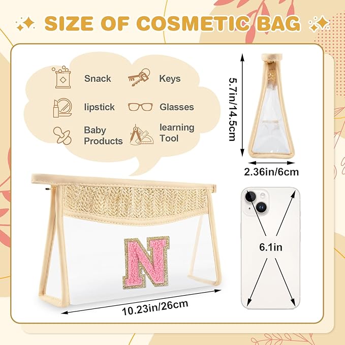 Small Boho Straw Initial Letter Makeup Bag Personalized Gift ,Cute Clear Chenille Patch Makeup Bag With Zipper,Trendy TSA Approved Travel Toiletry Bag,Gift for Women Girls Birthday Friend, Letter N
