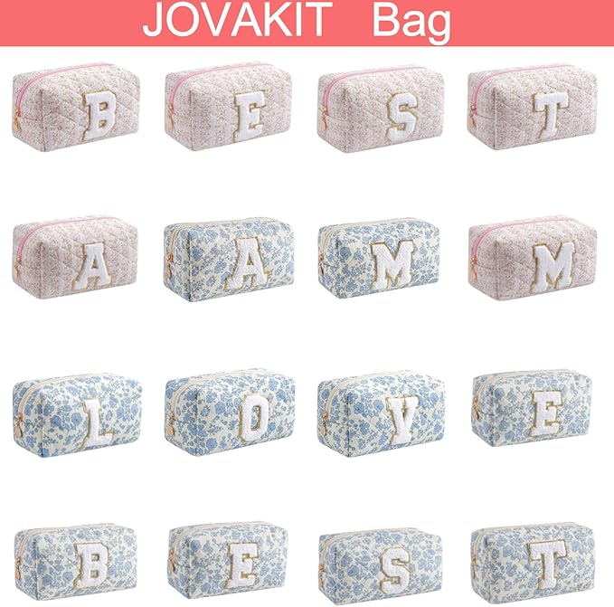 JOVAKIT Alphabet Makeup Bag Cosmetic Bag for Women, Christmas Gifts for Girls Age 6-18, Floral Flowers Coquette Travel Toiletry Zipper Make Up Pouch Organizer Trendy Stuff (Pink Floral I)
