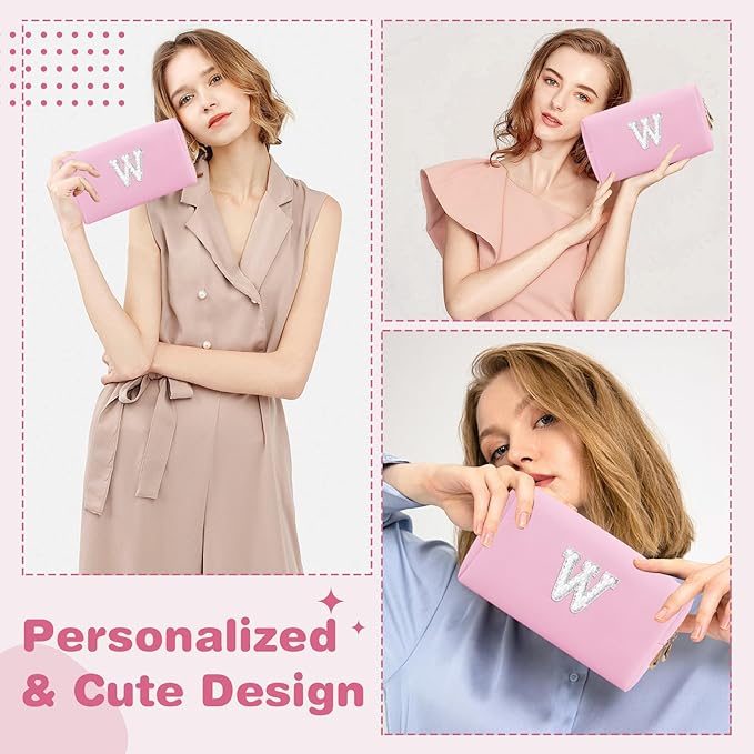 ChaoGreat Bride Gifts – Personalized Initial Makeup Bag with Pearl Rhinestone Patch, Preppy Pink Monogram Cosmetic/Toiletry Pouch, bridesmaid Gifts, Bridal Shower Gifts, Wedding Gifts, Bridal Gifts,W