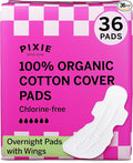 Pixie Organic Cotton Overnight Pads for Women - Extra Heavy Absorbency with Wings - Leak-Proof, Hypoallergenic & Unscented for Feminine Care - Compostable, Biodegradable - 36 Count