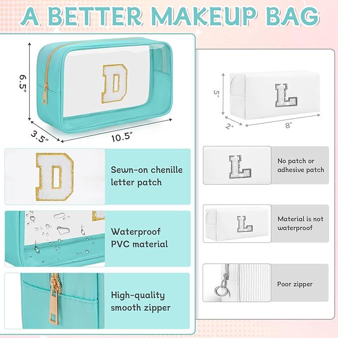 Personalized Initial Clear Makeup Bag, Travel Chenille Patch Cosmetic Bag, Preppy Toiletry Bag Monogram Cosmetic Pouch with Zipper, Ideal Gift for Teen Girls Women (Clear-Green, D)