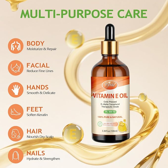 Vitamin E Oil - 100% Pure & Natural, 70,000 IU Cold-Pressed Organic Vitamin E Oil for Skin, Face, Hair, Nails & Scars, D-Alpha Tocopherol Rich, Deep Moisturizing and Firming Skin