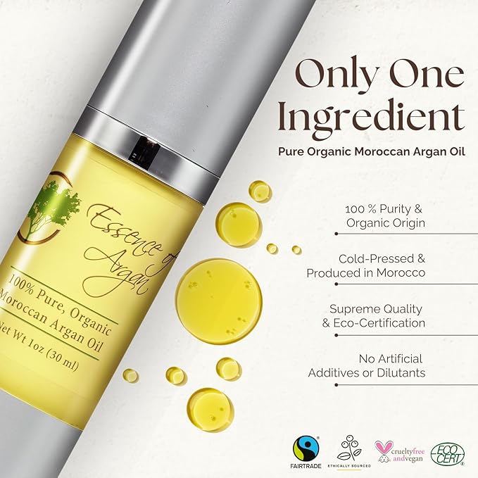 Essence Of Argan Moroccan Argan Oil for Hair, Skin & Nails - Natural Eco-Certified Cold Pressed Oil for Skin Moisturization - Non-Greasy Formula for Hair and Nail Growth - 1 Oz /30ml