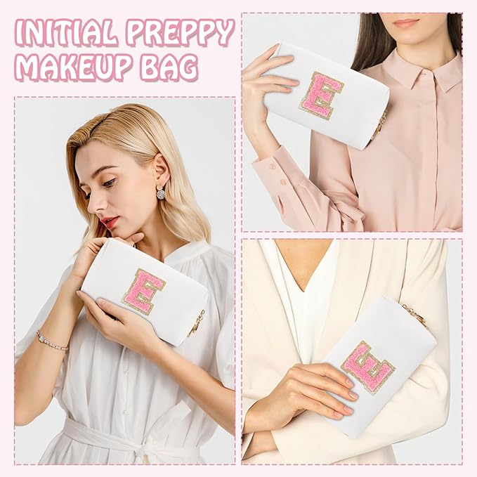 Personalized Chenille Letter Preppy Makeup Bag, Small White Travel Cosmetic Bag Initial Toiletry Zipper Pouch Monogram Makeup Storage, Waterproof Makeup Case Travel Essentials for Women Her(Letter E)