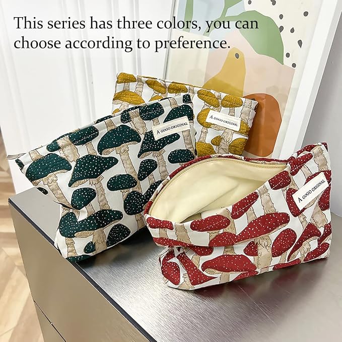 STARDW Cute Makeup Bag Aesthetic Cosmetic Bags for Women Girls, Travel Toiletry Bag Large Capacity Zipper Makeup Pouch, Purse Organizer Pouches,Canvas Lining (Green Mushroom)