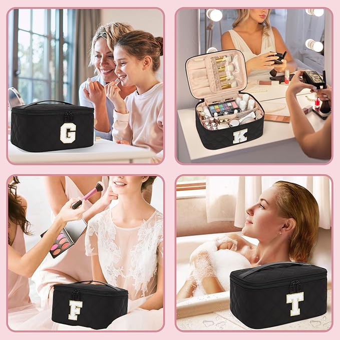 OCHEAL Makeup Bag for Women, Monogram Cosmetic Bag with Brush Holder,Black Travel Makeup Case Beauty Toiletry Bag Organizer Personalized Gifts for Girls Bridesmaid, Sister, Wife, Friends Initial L