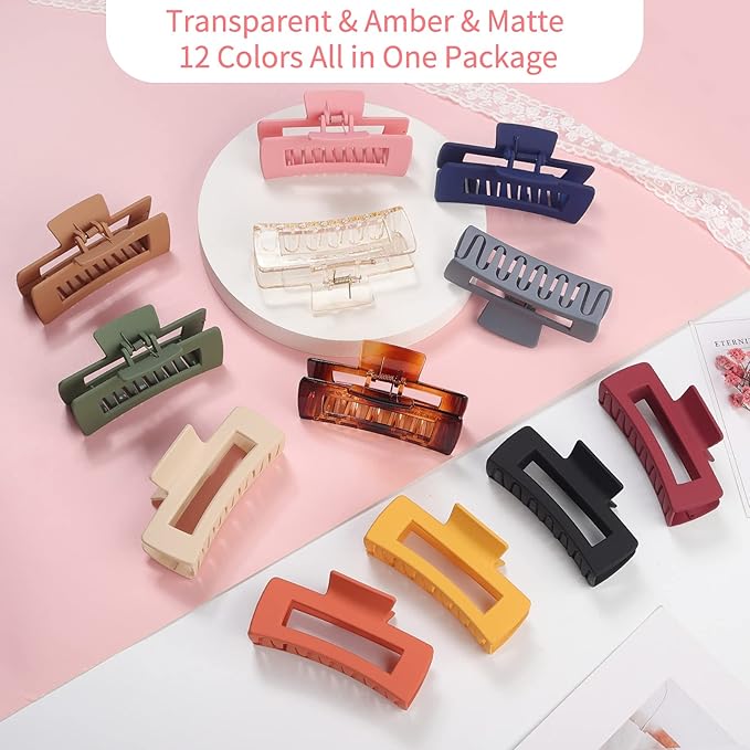 4.1 Inch Large Hair Accessories - 12 Pcs Big Square Jaw Clips for Thick Hair, Jumbo Bulk Clips for Women and Girls