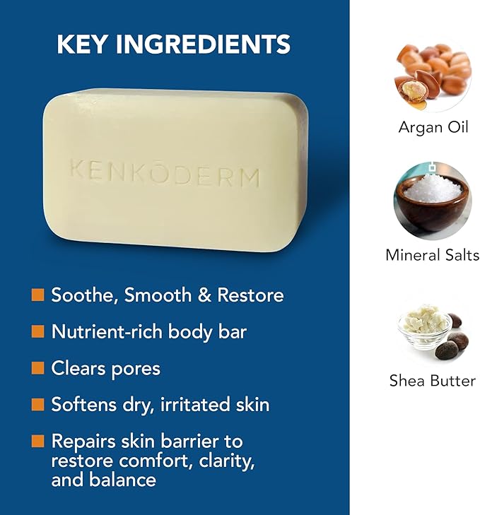 Kenkoderm Psoriasis Dead Sea Mineral Salt Soap with Argan Oil & Salicylic Acid, Natural Exfoliating Body & Face Cleanser for Sensitive Skin, Color & Fragrance Free, 4.25 Ounce, 1 Bar